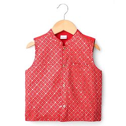 Babyhug Cotton Woven Full Sleeves Solid Kurta Payjama Set with Sequined Embroidered Nehru Jacket - Navy Blue & Red