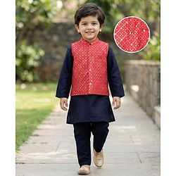 Babyhug Cotton Woven Full Sleeves Solid Kurta Payjama Set with Sequined Embroidered Nehru Jacket - Navy Blue & Red