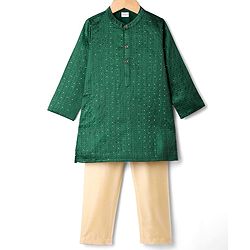 Babyhug Cotton Woven Full Sleeves Kurta Pajama Set with PST Sequenced Embroidered - Dark Green
