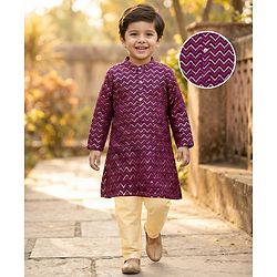 Babyhug Woven Full Sleeves Kurta Pajama Set with Sequin Detailing - Maroon