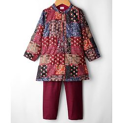 Babyhug 100% Cotton Woven Full Sleeves Kurta Pajama Set with Floral Chinnon Print & Sequin Detailing - Wine