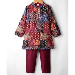 Babyhug Cotton Woven Full Sleeves Kurta Pajama Set with Floral Chinnon Print & Sequin Detailing - Wine