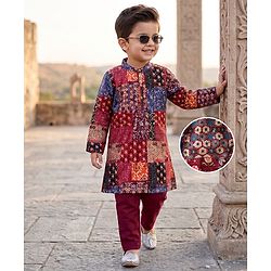 Babyhug 100% Cotton Woven Full Sleeves Kurta Pajama Set with Floral Chinnon Print & Sequin Detailing - Wine