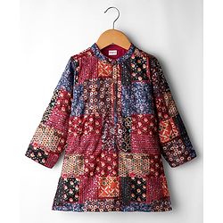 Babyhug 100% Cotton Woven Full Sleeves Kurta Pajama Set with Floral Chinnon Print & Sequin Detailing - Wine