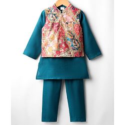 Babyhug Cotton Woven Full Sleeves Kurta Pajama Set with Brocade Jacket - Teal Blue