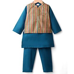Babyhug Cotton Woven Full Sleeves Solid Kurta Pajama Set with Printed Jacket - Teal Blue