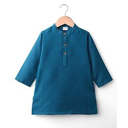 Babyhug Cotton Woven Full Sleeves Solid Kurta Pajama Set with Printed Jacket - Teal Blue