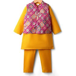 Babyhug Cotton Woven Full Sleeves Solid Kurta Pajama Set with Brocade Print Jacket - Mustard Yellow & Purple