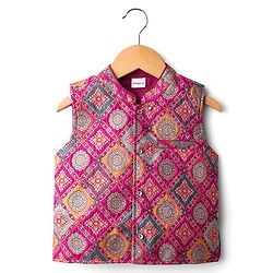 Babyhug Cotton Woven Full Sleeves Solid Kurta Pajama Set with Brocade Print Jacket - Mustard Yellow & Purple