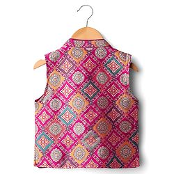 Babyhug Cotton Woven Full Sleeves Solid Kurta Pajama Set with Brocade Print Jacket - Mustard Yellow & Purple