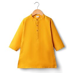 Babyhug Cotton Woven Full Sleeves Solid Kurta Pajama Set with Brocade Print Jacket - Mustard Yellow & Purple