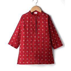 Babyhug Cotton Woven Full Sleeves Kurta with Floral Glitter Print - Red