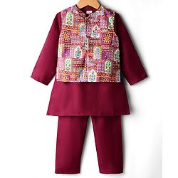 Babyhug Cotton Woven Full Sleeves Solid Kurta Pajama Set with Floral Motif Print Jacket - Maroon