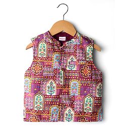 Babyhug Cotton Woven Full Sleeves Solid Kurta Pajama Set with Floral Motif Print Jacket - Maroon