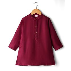 Babyhug Cotton Woven Full Sleeves Solid Kurta Pajama Set with Floral Motif Print Jacket - Maroon