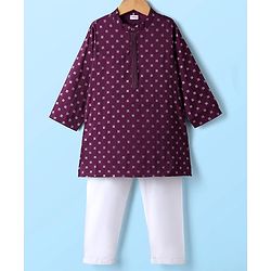 Babyhug Cotton Woven Full Sleeves Kurta Pyjama Set with Cambric Foil Printed - Dark Purple