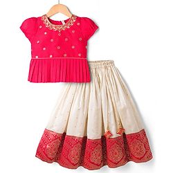 Babyhug Brocade Half Sleeves Pattu Pavda Lehenga Choli Set with Floral Embroidery - Red & Beige