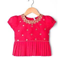 Babyhug Brocade Half Sleeves Pattu Pavda Lehenga Choli Set with Floral Embroidery - Red & Beige