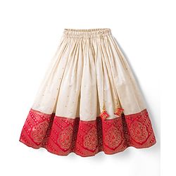 Babyhug Brocade Half Sleeves Pattu Pavda Lehenga Choli Set with Floral Embroidery - Red & Beige
