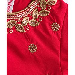 Babyhug Brocade Half Sleeves Pattu Pavda Lehenga Choli Set with Floral Embroidery - Red & Beige