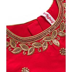 Babyhug Brocade Half Sleeves Pattu Pavda Lehenga Choli Set with Floral Embroidery - Red & Beige