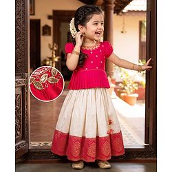 Babyhug Brocade Half Sleeves Pattu Pavda Lehenga Choli Set with Floral Embroidery - Red & Beige