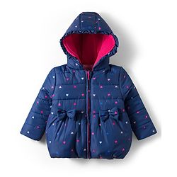 Babyhug Woven Full Sleeves Hooded Padded Jacket With Heart Print & Bow Applique - Navy Blue