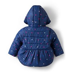 Babyhug Woven Full Sleeves Hooded Padded Jacket With Heart Print & Bow Applique - Navy Blue