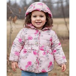 Babyhug Woven Full Sleeves Hooded Padded Jacket With Floral Print - Pink