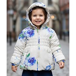 Babyhug Woven Full Sleeves Hooded Padded Jacket With Floral Print - Blue & White