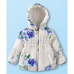 Babyhug Woven Full Sleeves Hooded Padded Jacket With Floral Print - Blue & White