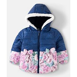 Babyhug Woven Full Sleeves Hooded Padded Jacket With Floral Print & Bow Applique - Navy Blue