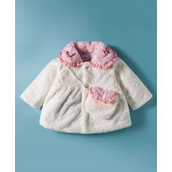 Babyhug Fur Woven Full Sleeves Jacket & Sling Bag with Bow Applique & Frill Detailing - White & Pink