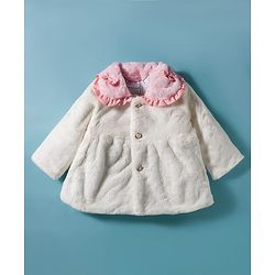 Babyhug Fur Woven Full Sleeves Jacket & Sling Bag with Bow Applique & Frill Detailing - White & Pink