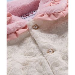 Babyhug Fur Woven Full Sleeves Jacket & Sling Bag with Bow Applique & Frill Detailing - White & Pink
