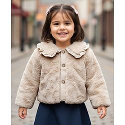Babyhug Fur Woven Full Sleeves Jacket with Frill Detailing & Pearls - Beige