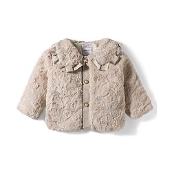 Babyhug Fur Woven Full Sleeves Jacket with Frill Detailing & Pearls - Beige