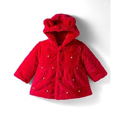 Babyhug Woven Full Sleeves Hooded Fur Winter Jacket with Pearl Detailing & Ear Applique - Red