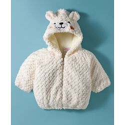 Babyhug Fur Woven Full Sleeves Hooded Winter Jacket With Bear & Ear Applique - White