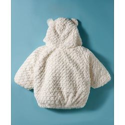 Babyhug Fur Woven Full Sleeves Hooded Winter Jacket With Bear & Ear Applique - White