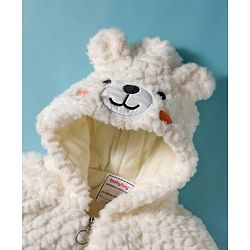 Babyhug Fur Woven Full Sleeves Hooded Winter Jacket With Bear & Ear Applique - White