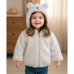 Babyhug Fur Woven Full Sleeves Hooded Winter Jacket With Bear & Ear Applique - White