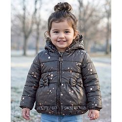 Babyhug Woven Full Sleeves Hooded Padded Jacket With Foil Star Print - Charcoal Grey