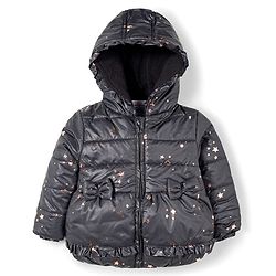 Babyhug Woven Full Sleeves Hooded Padded Jacket With Foil Star Print - Charcoal Grey