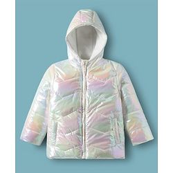 Babyhug Woven Full Sleeves Metallic Solid Hooded Padded Jacket - White