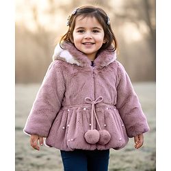 Babyhug Woven Full Sleeves Hooded Fur Winter Jacket with Pearl Detailing - Pink