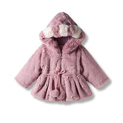 Babyhug Woven Full Sleeves Hooded Fur Winter Jacket with Pearl Detailing - Pink