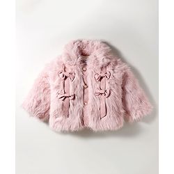 Babyhug Woven Full Sleeves Fur Jacket with Bow Applique - Pink