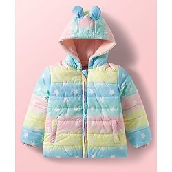 Babyhug Woven Full Sleeves Hooded Padded Jacket With Ear Applique & Star Print - Multicolour