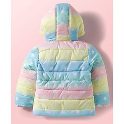 Babyhug Woven Full Sleeves Hooded Padded Jacket With Ear Applique & Star Print - Multicolour